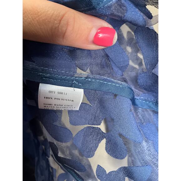 Gracia Floral Sheer Blouse Button-Up Long Bell Sleeve Blue Womens Size L NWT - Picture 5 of 5